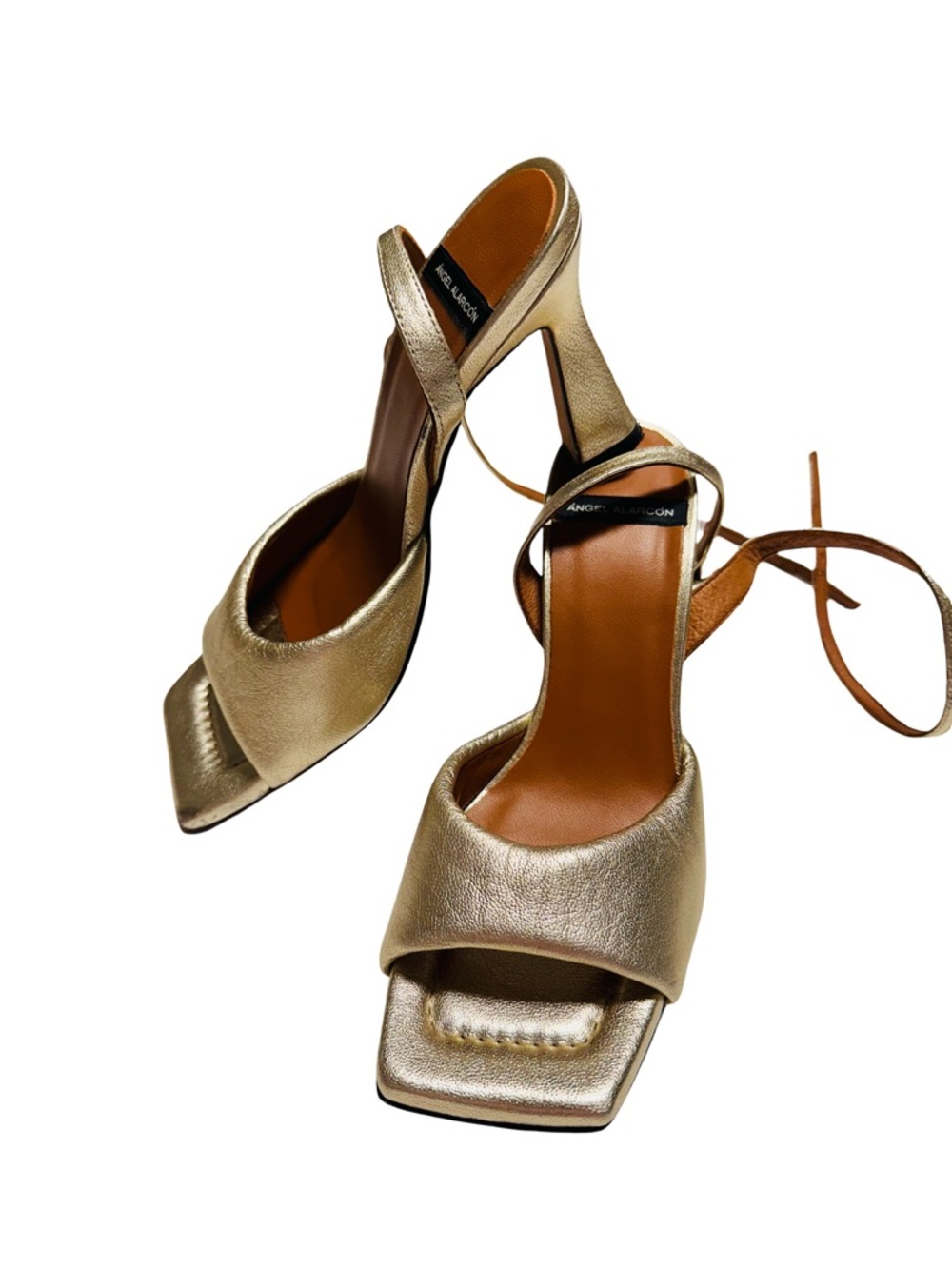 Ángel Alarcón Gold Leather Heeled Sandals Square Toe Spain Size 39